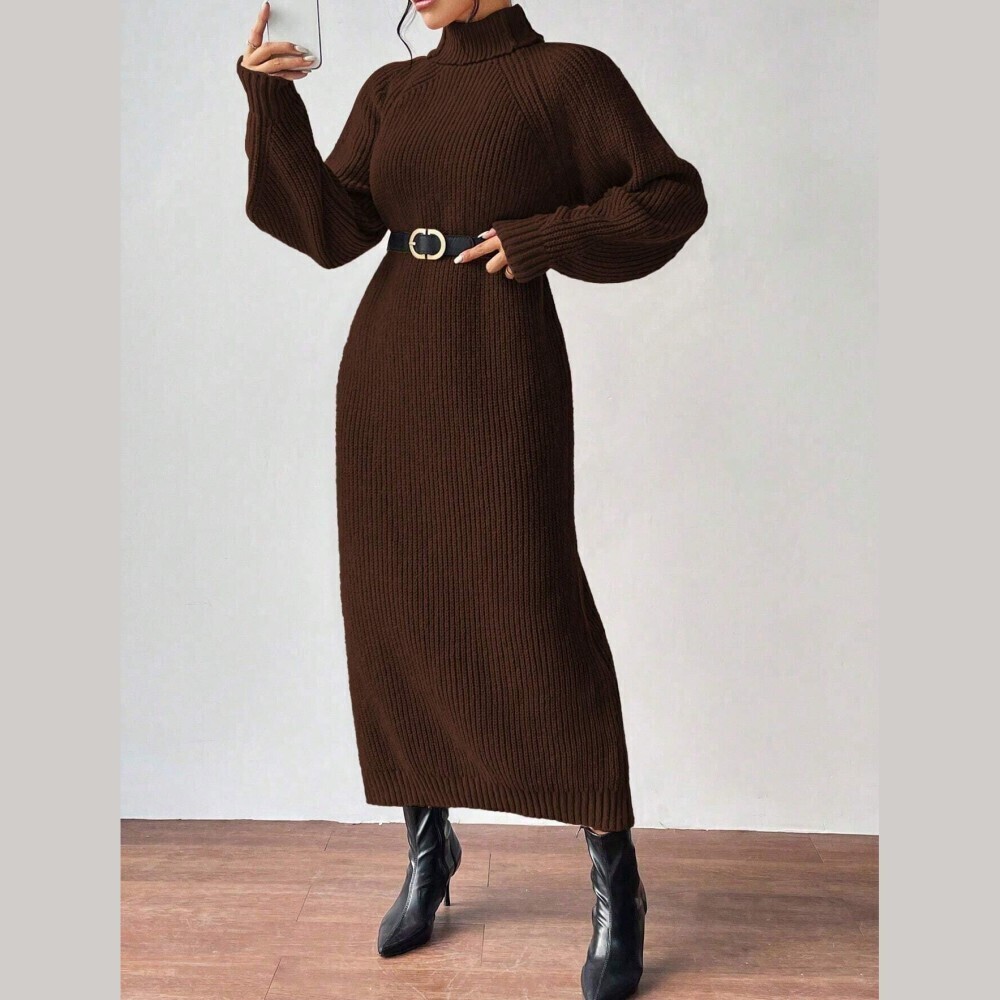 Brown Ribbed Knit High Turtle Neck Balloon Sleeve Maxi Sweater Dress